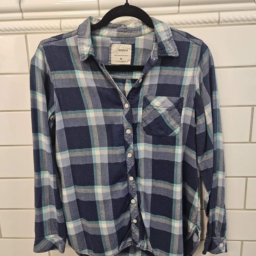 Sonoma Navy, Light Blue & White Plaid Button-Up Shirt